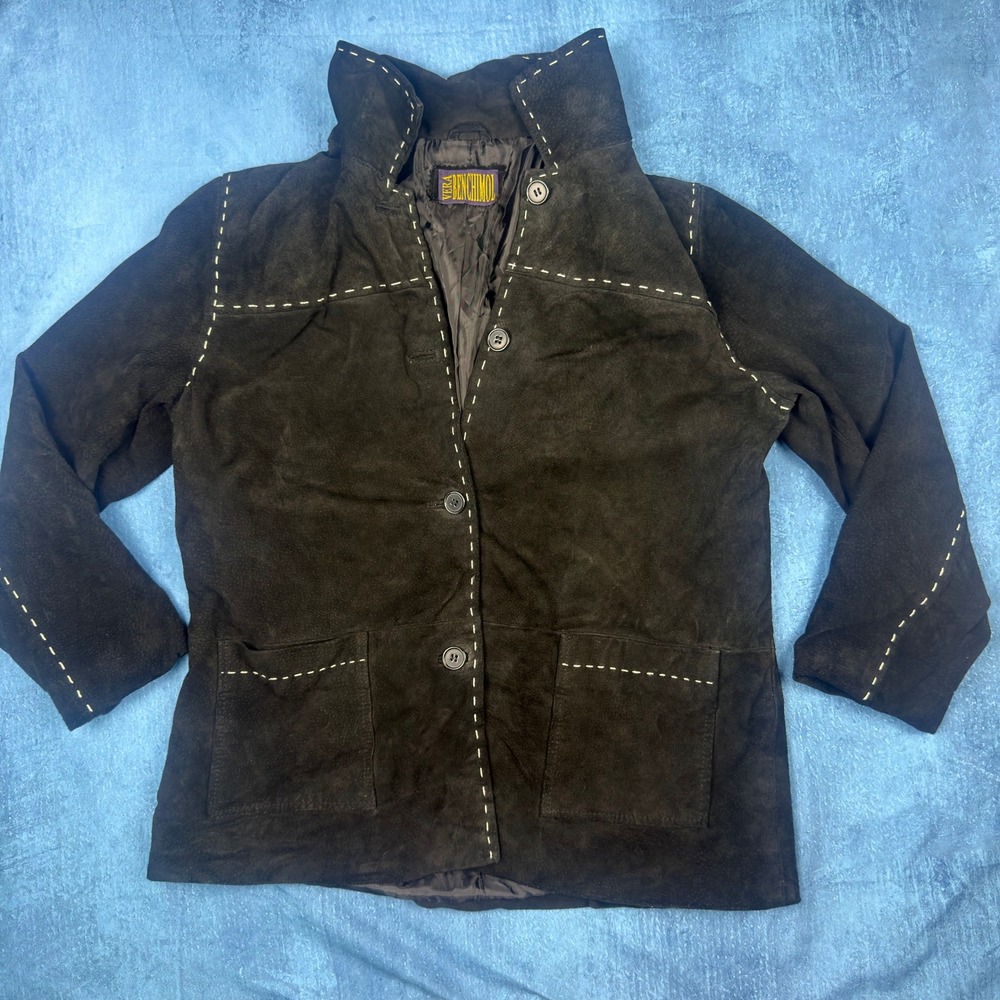 Vera Benchimol Brown Suede Leather Jacket Contrast Stitch Stand Collar Womens L